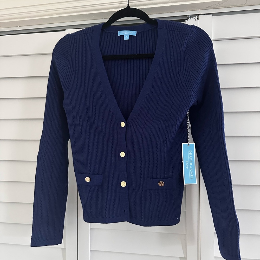 Draper James Navy Blue Knit Button-Front Cardigan